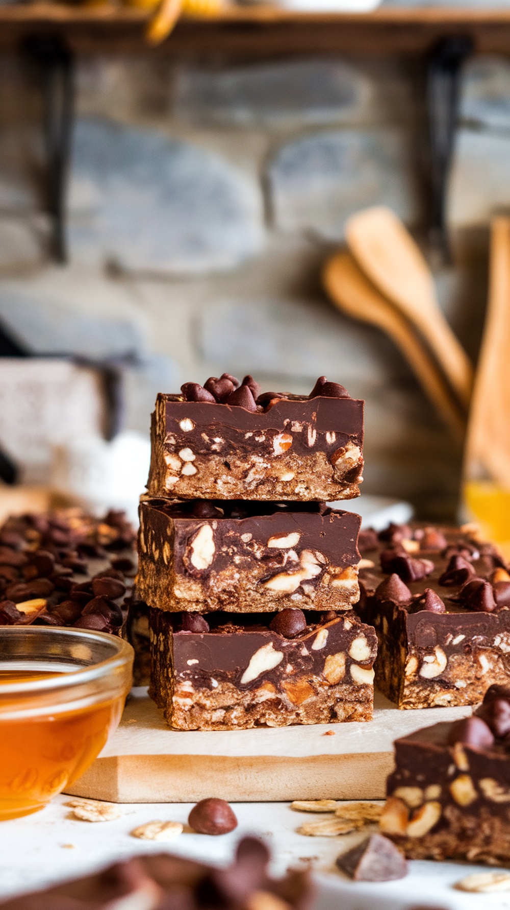 Nutty chocolate protein bars with dark chocolate chips and nuts on a wooden board.