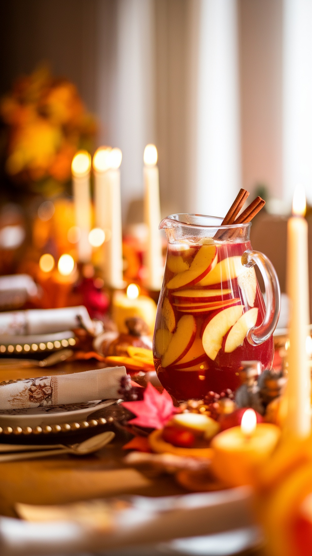 A pitcher of apple cider sangria with sliced apples and cinnamon sticks, set on a festive Thanksgiving table.