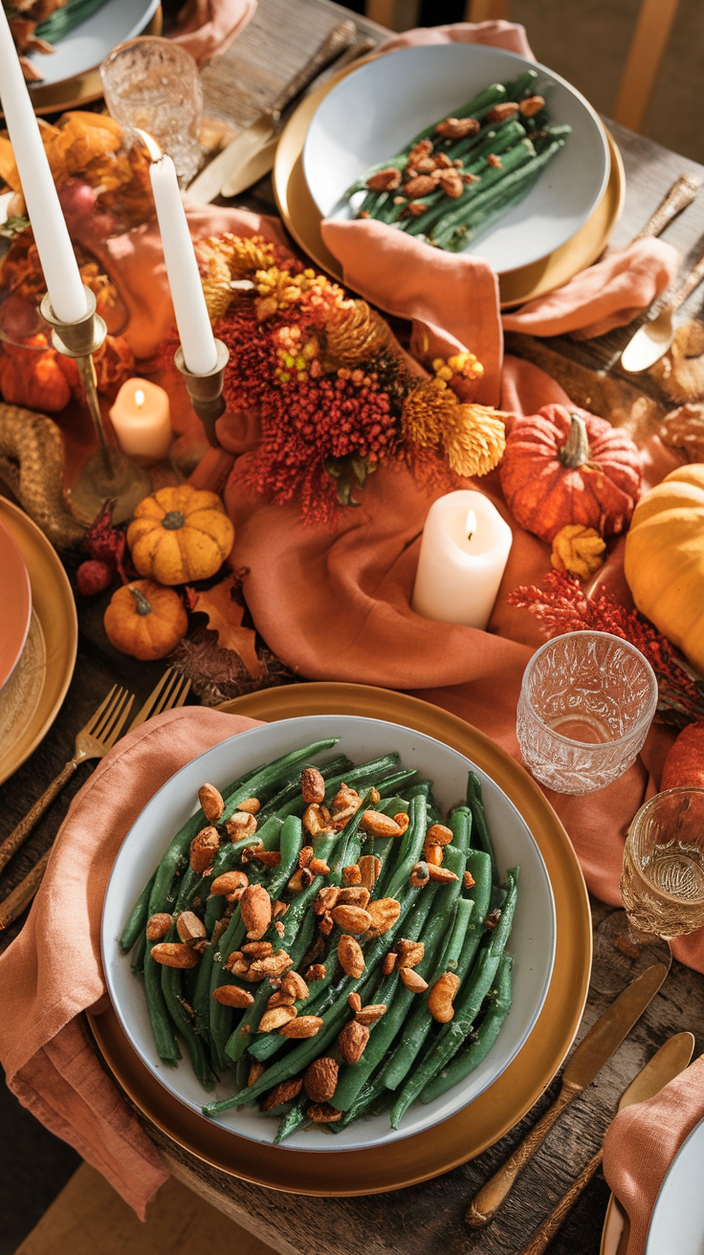 A festive table setting featuring green beans topped with almonds, surrounded by autumn decorations.