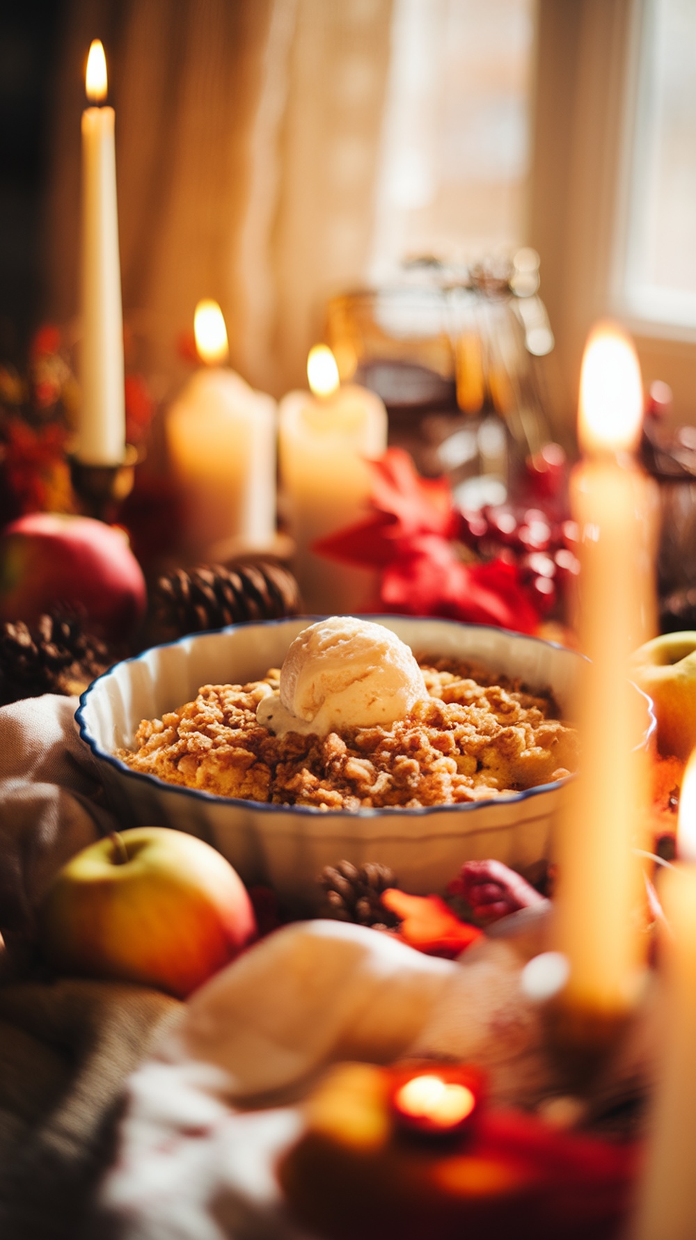A warm apple crisp dessert topped with ice cream, surrounded by candles and autumn decorations.