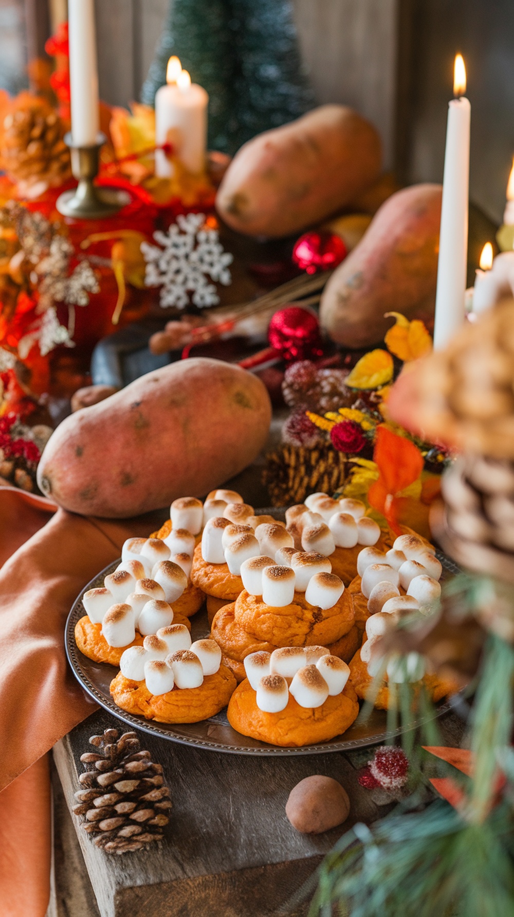 A plate of sweet potato cookies topped with mini marshmallows, surrounded by autumn decorations.