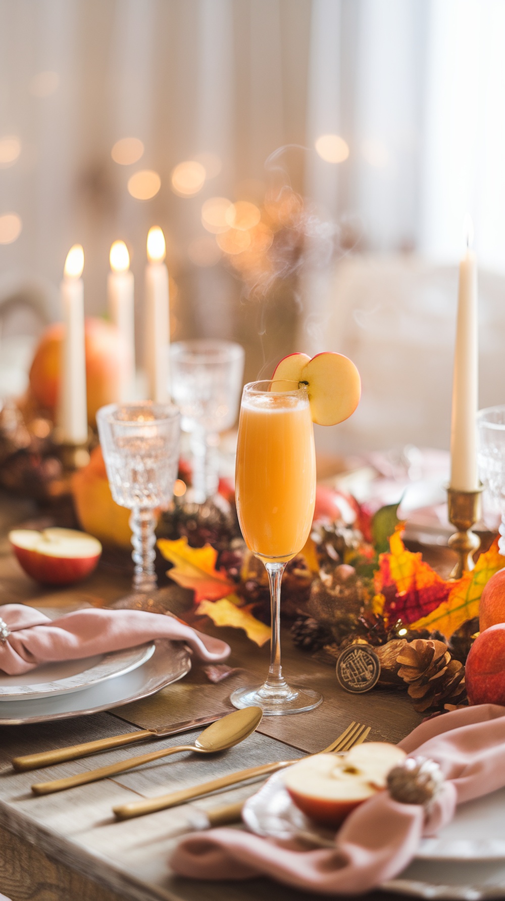 A festive table setting featuring apple cider mimosas with candles and autumn decorations.