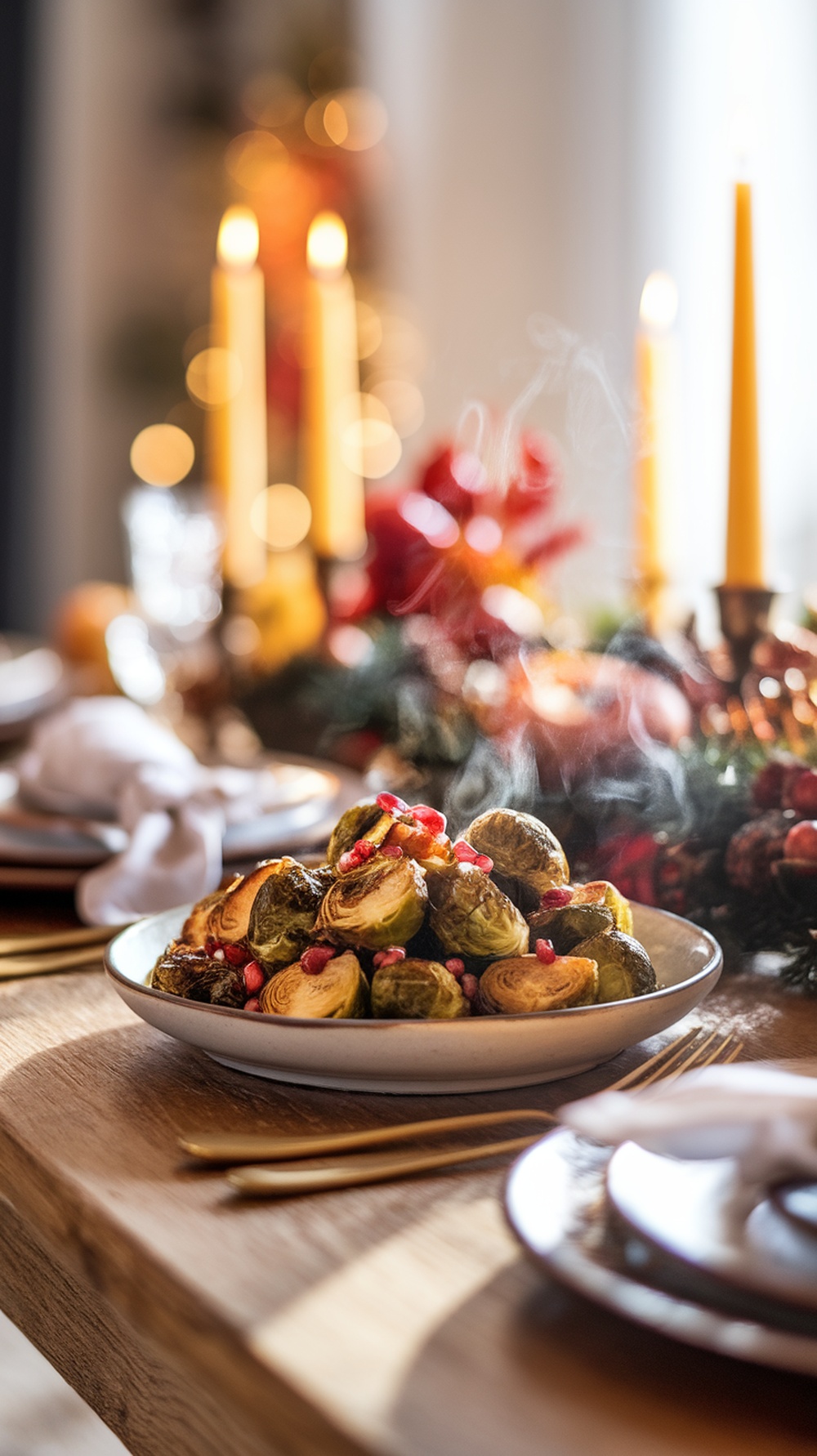 A plate of roasted Brussels sprouts with balsamic glaze, garnished with pomegranate seeds, set on a beautifully decorated Thanksgiving table.