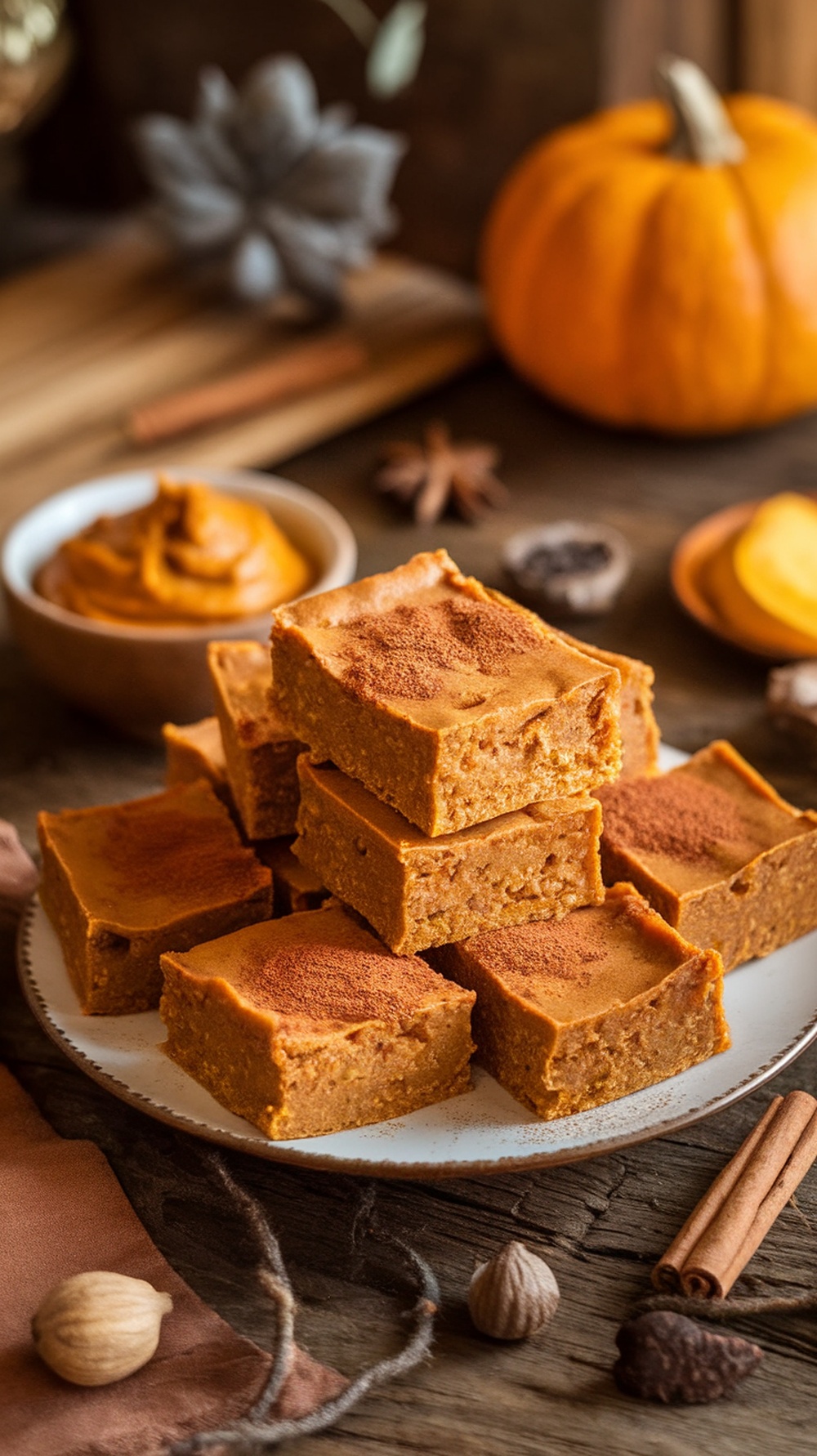 Spiced pumpkin protein bars on a plate, garnished with cinnamon, with pumpkin puree and spices in the background.
