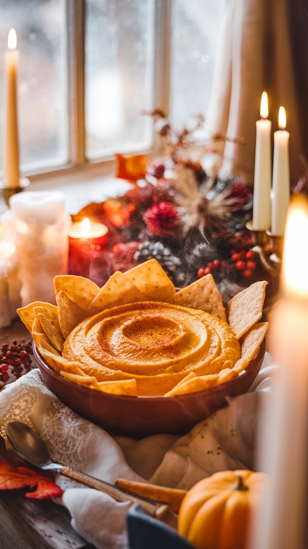 A bowl of pumpkin hummus surrounded by pita chips, with candles and autumn decorations in the background.
