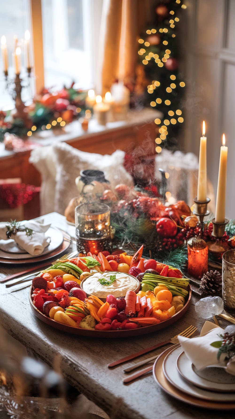 A colorful roasted vegetable platter with a creamy dip, set on a festive table.