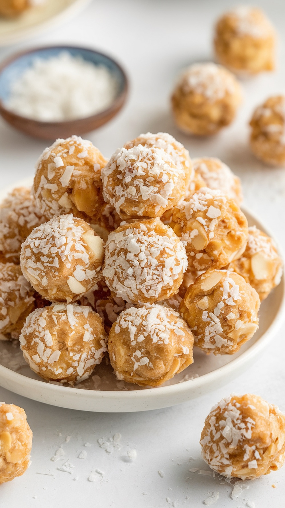 A plate of coconut almond protein bites rolled in shredded coconut, with a bowl of coconut in the background.