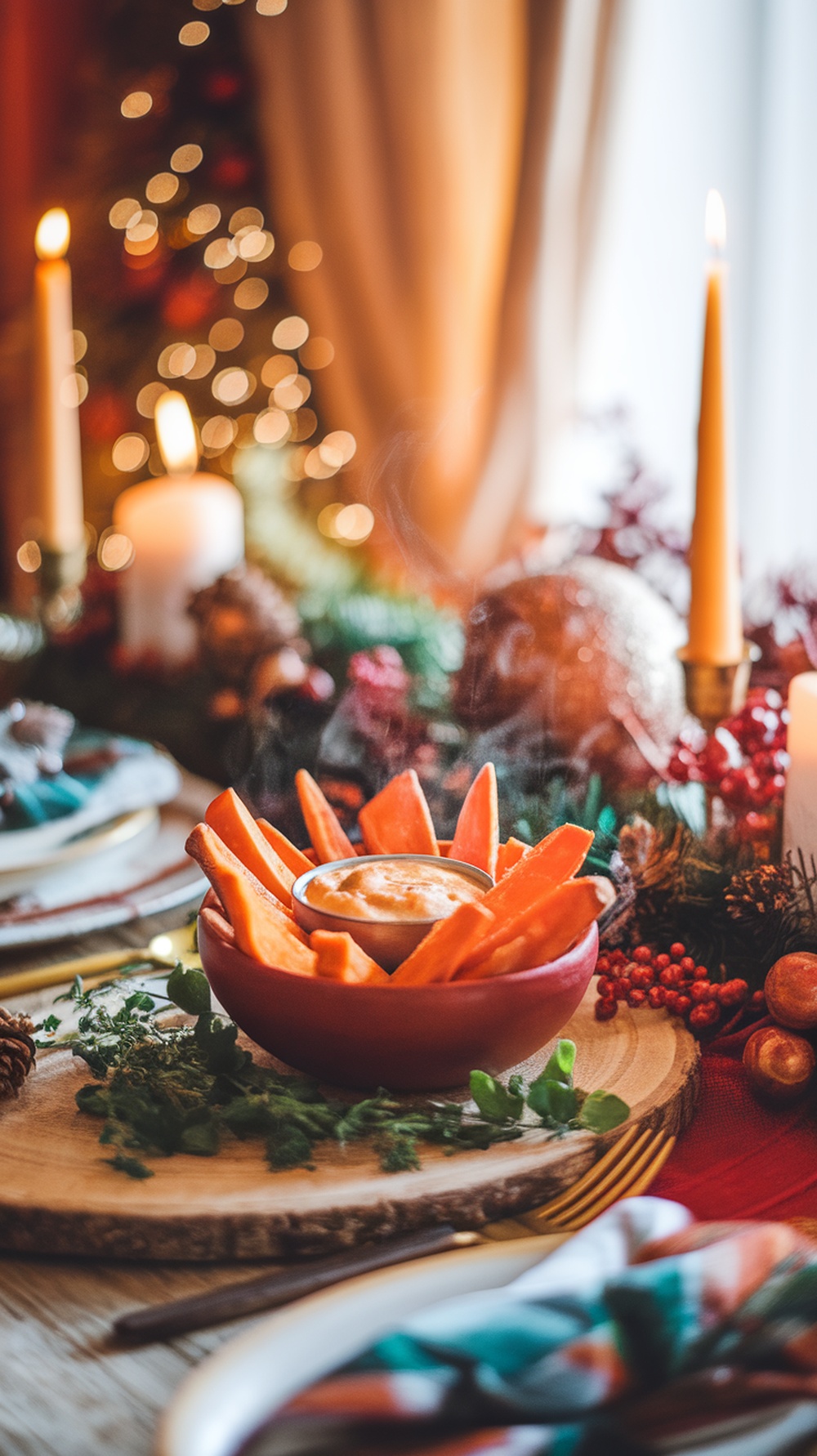 A plate of spiced sweet potato wedges with a creamy dip, surrounded by festive decorations.