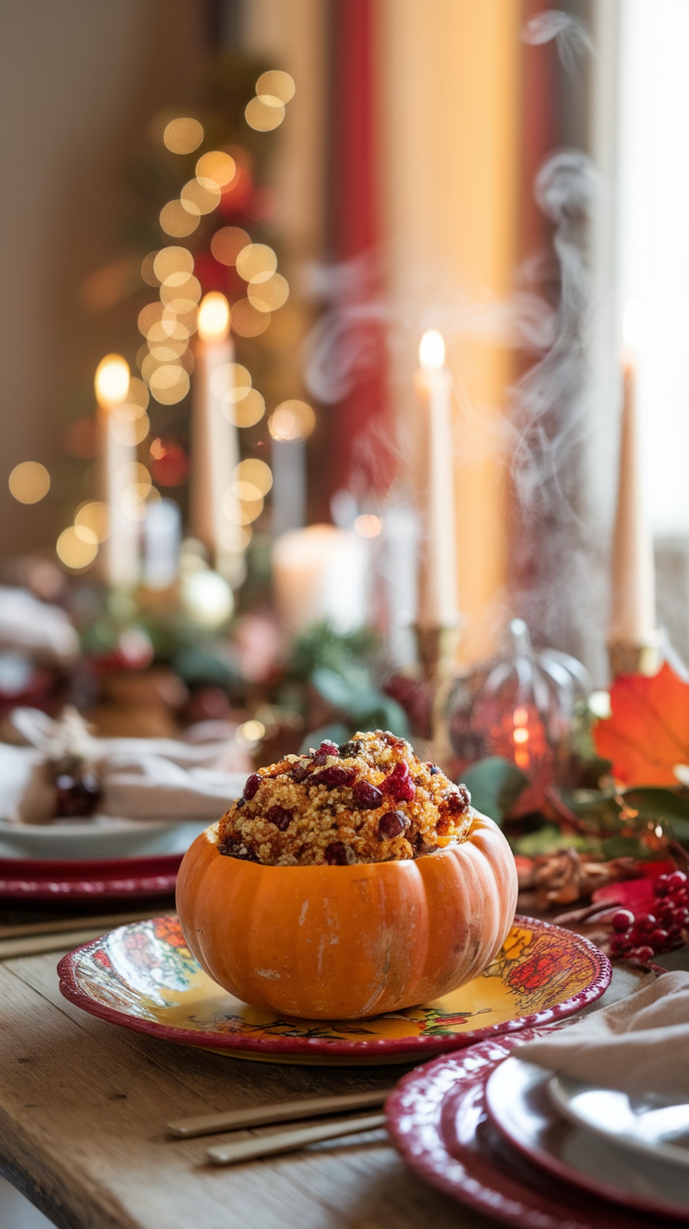 A beautifully presented stuffed acorn squash on a festive Thanksgiving table.