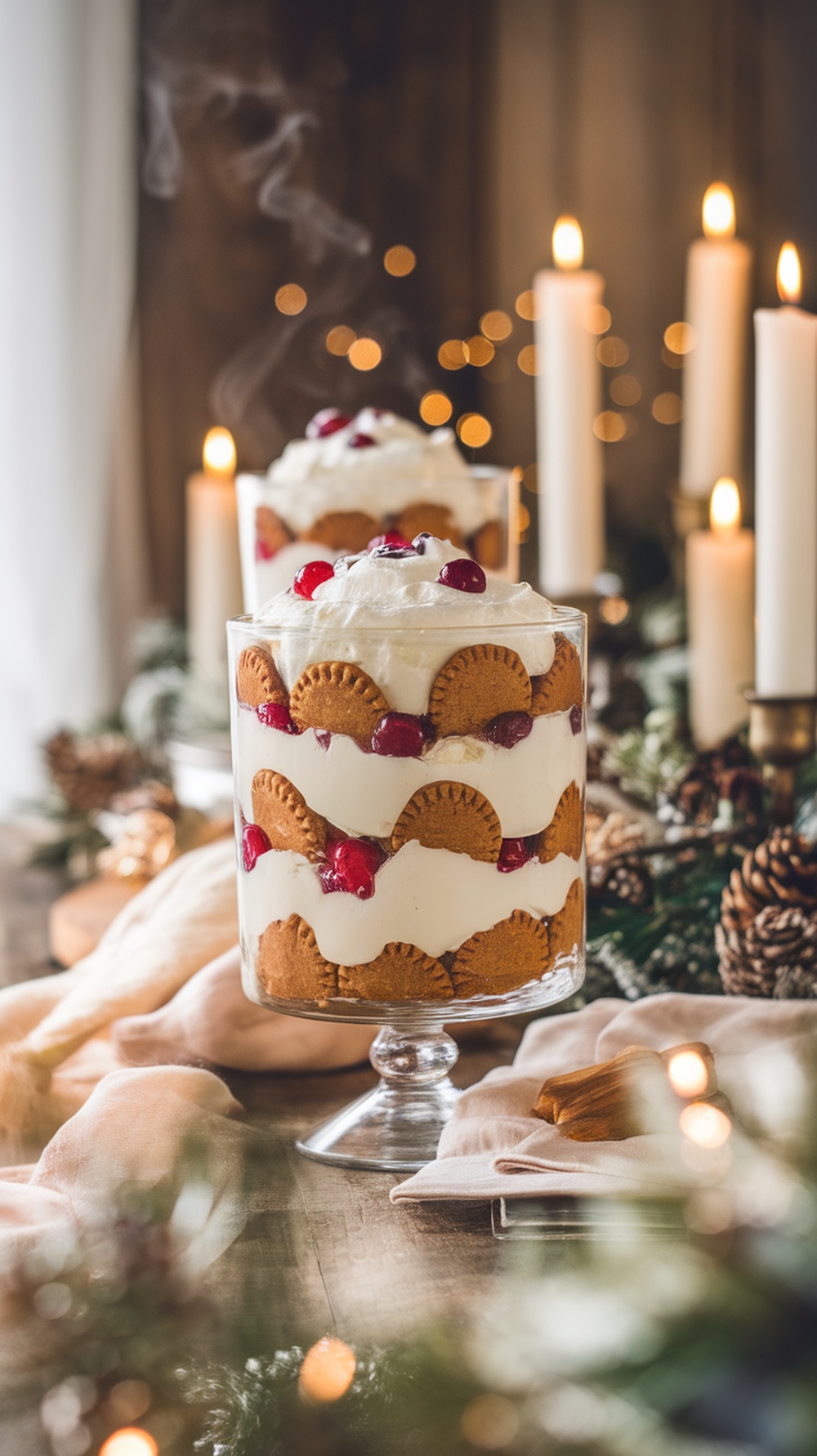A festive gingerbread trifle with layers of gingerbread cookies, cream, and cranberries, set against a cozy holiday backdrop.