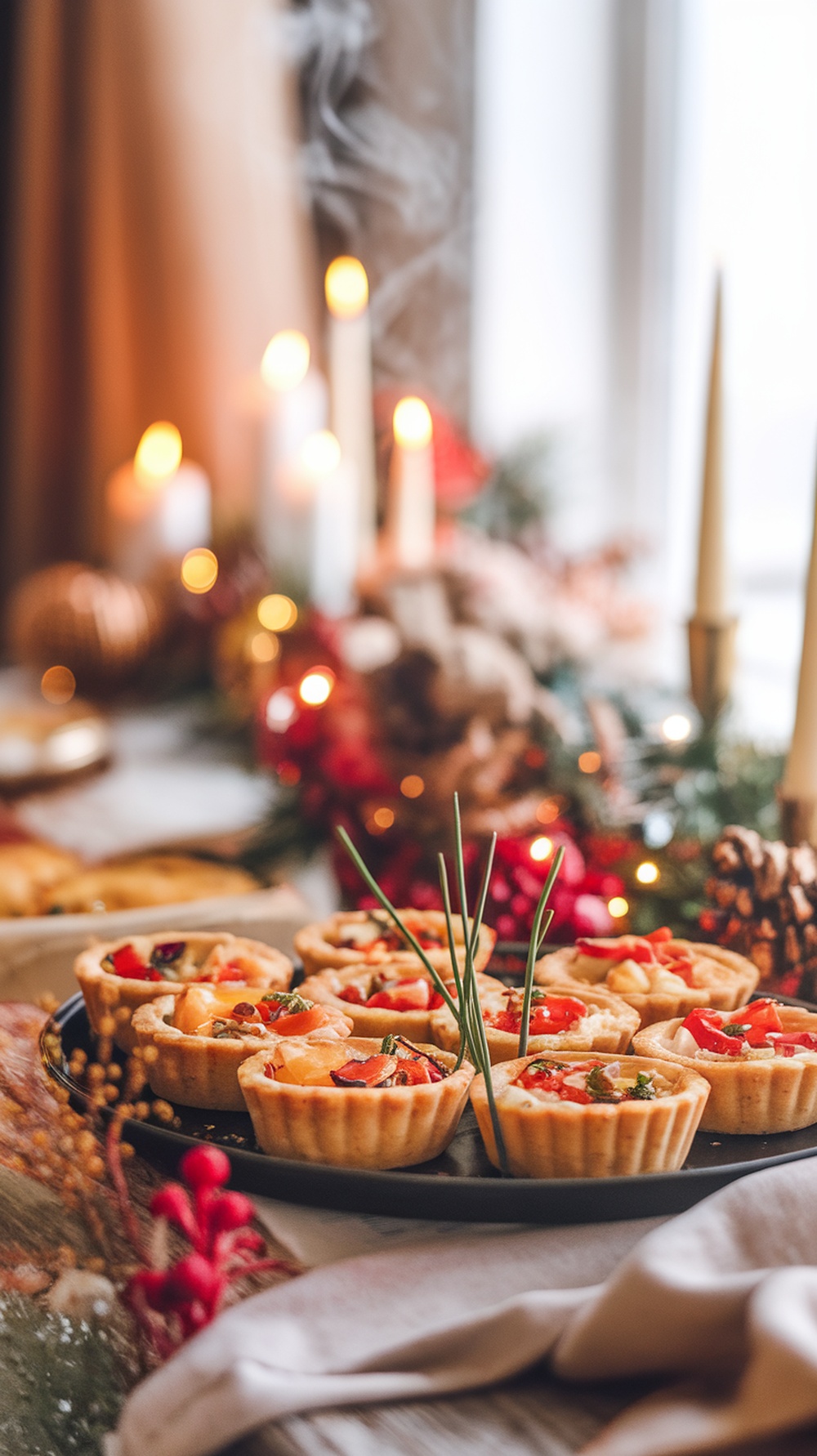 A platter of mini quiches filled with seasonal veggies, garnished with herbs, set against a festive background.