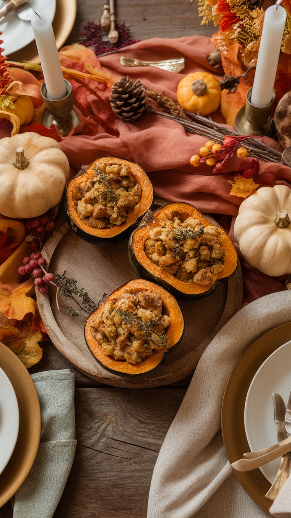 Stuffed acorn squash on a wooden platter surrounded by autumn decor.