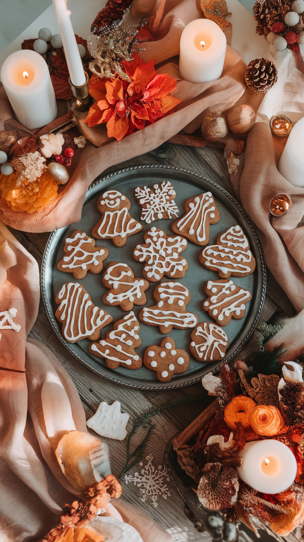 A platter of gingerbread cookies decorated with royal icing, surrounded by festive decorations.