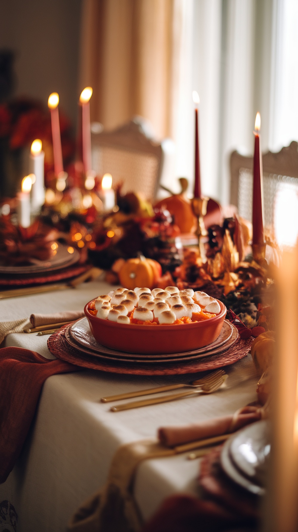 A beautifully set Thanksgiving table featuring sweet potato casserole topped with marshmallows.