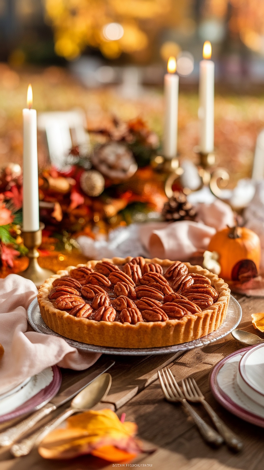 A beautifully arranged pecan pie with bourbon caramel, surrounded by autumn decor.