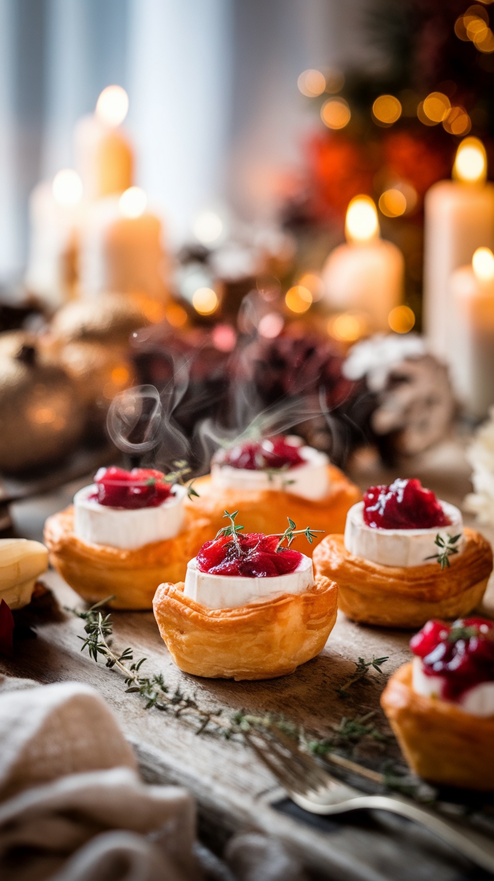 Cranberry Brie Bites on a rustic table with candles and festive decor