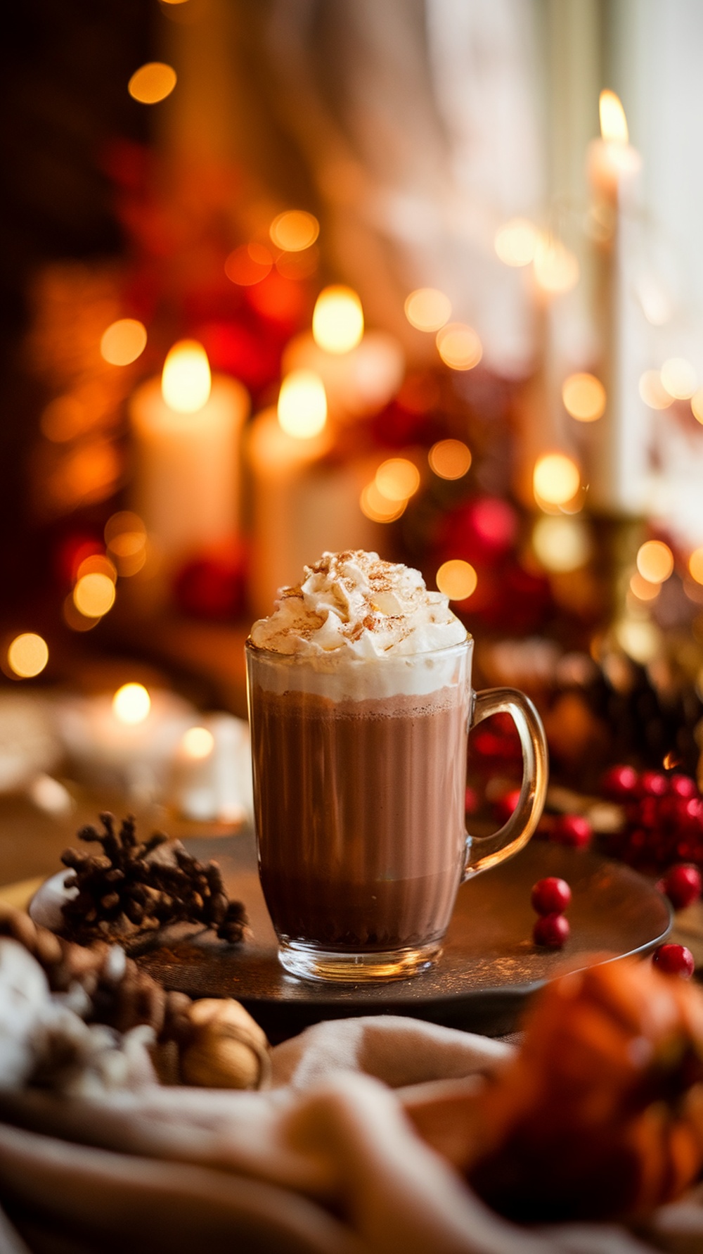 A cozy cup of cinnamon bourbon hot chocolate topped with whipped cream and cinnamon, surrounded by festive decorations.