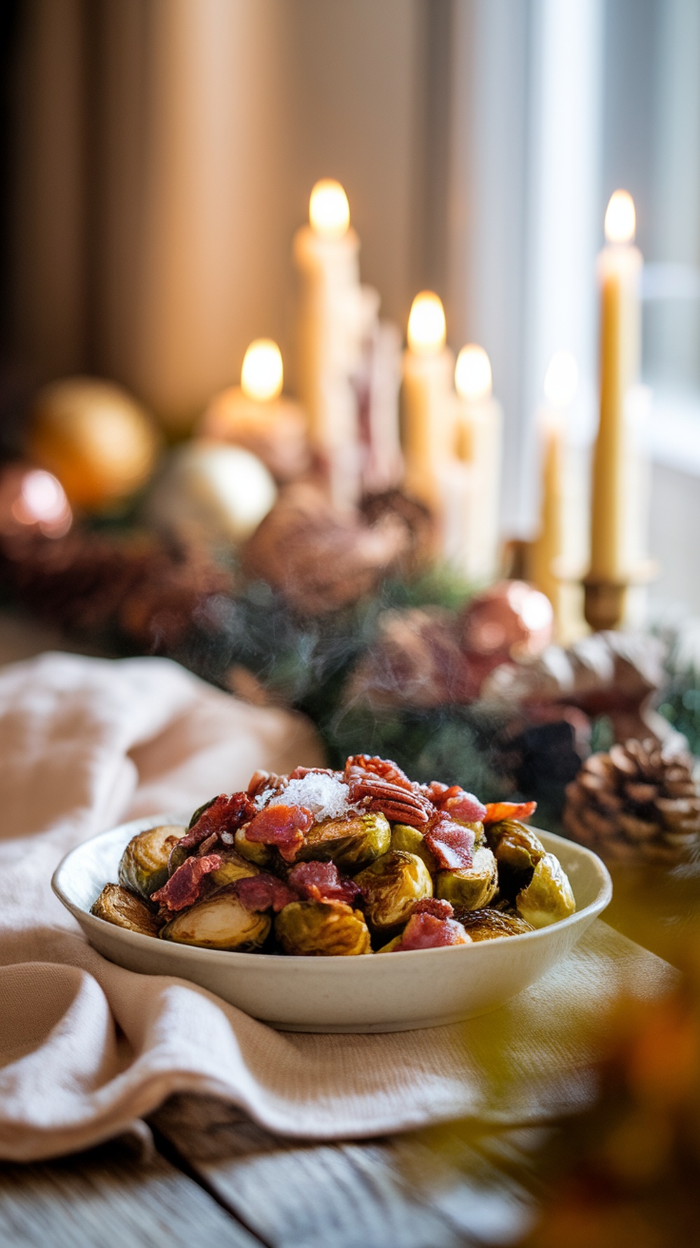 A plate of Brussels sprouts topped with bacon and pecans, set against a cozy holiday backdrop.