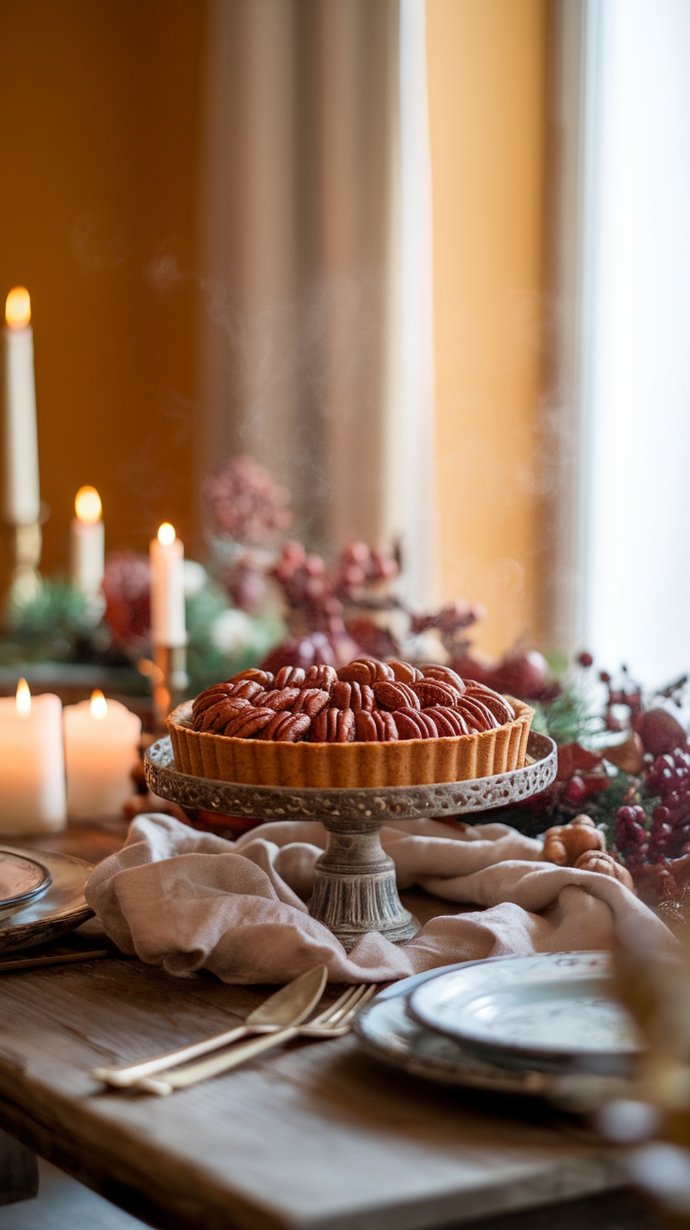 A beautifully arranged maple pecan tart on a decorative stand, surrounded by candles and festive decor.