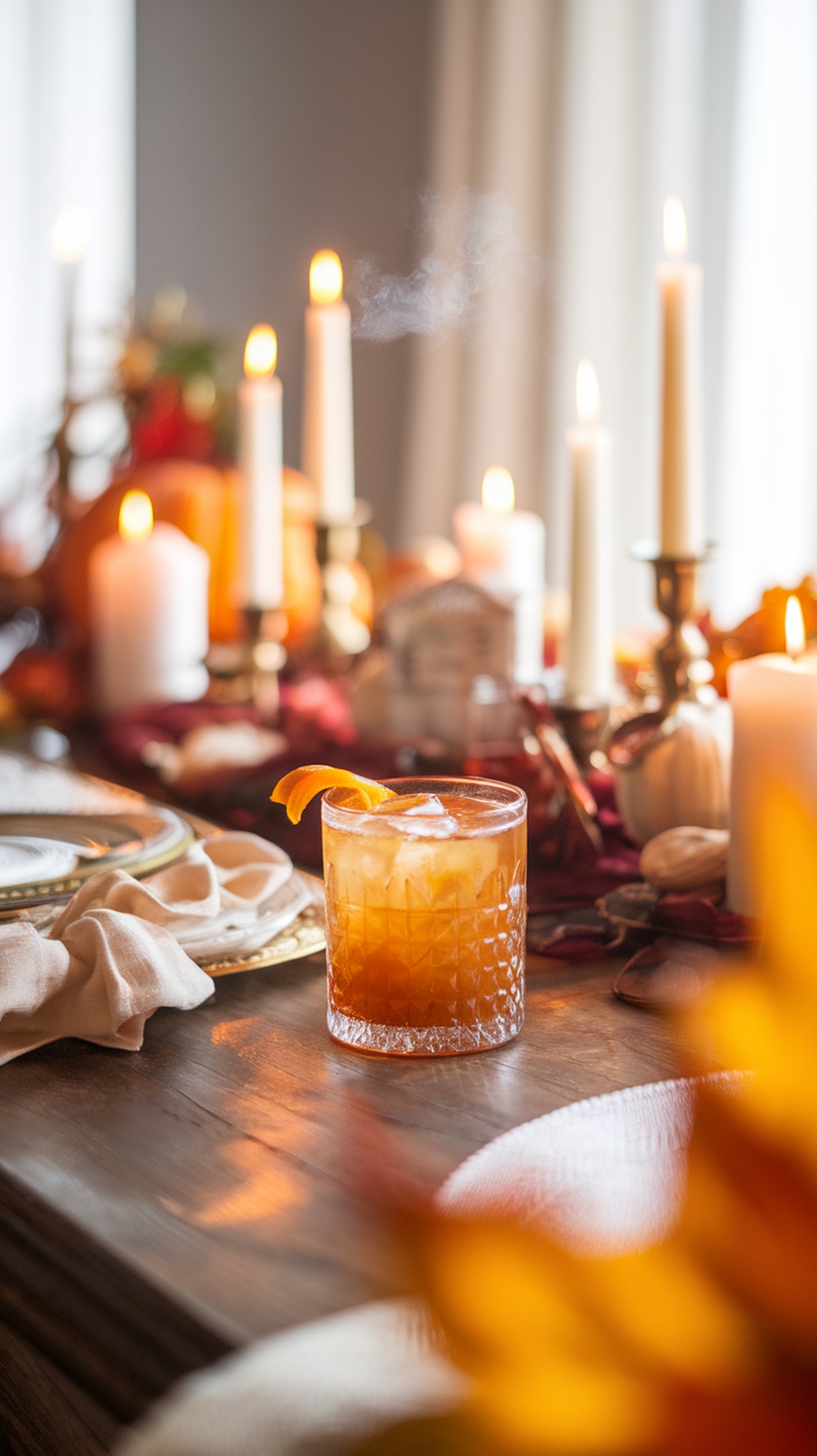 A Maple Pecan Old Fashioned cocktail garnished with an orange peel, set on a beautifully decorated Thanksgiving table.
