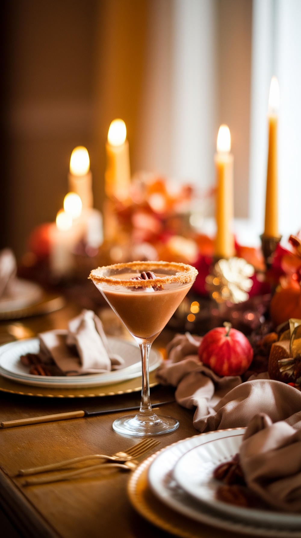 A Pecan Pie Martini served in a festive setting with candles and autumn decorations.