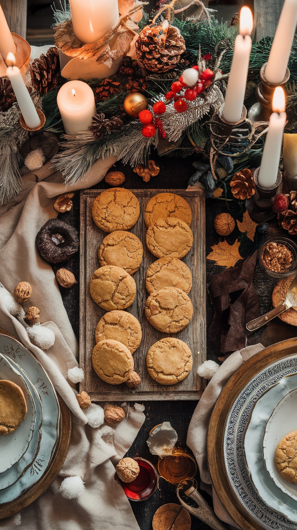 A cozy display of maple walnut cookies on a wooden platter surrounded by festive decorations.
