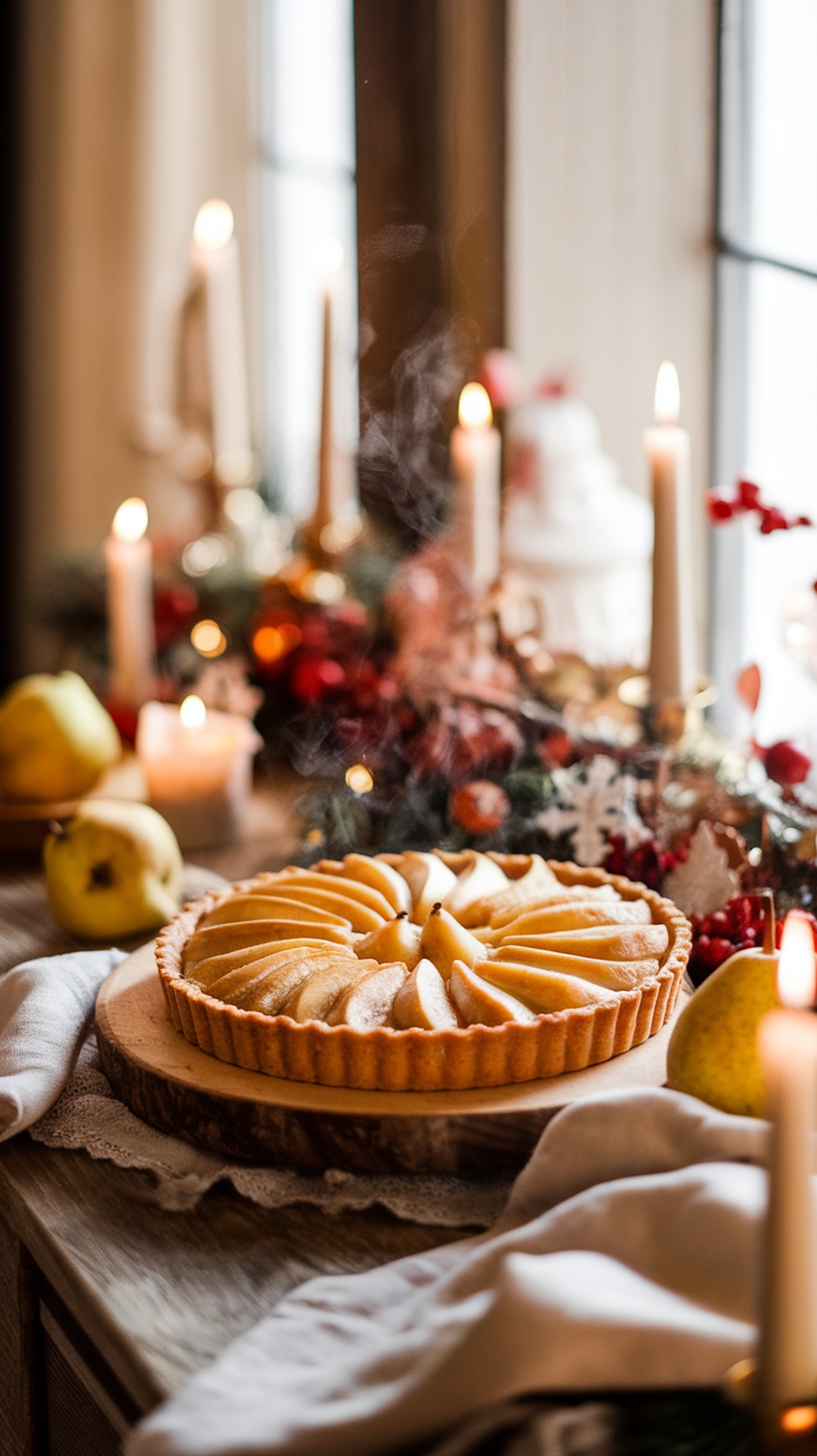 A beautifully arranged spiced pear tart surrounded by candles and festive decorations.