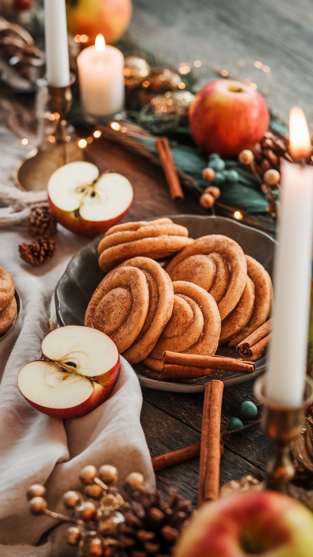 A plate of apple cinnamon snickerdoodle cookies surrounded by apples, cinnamon sticks, and candles.