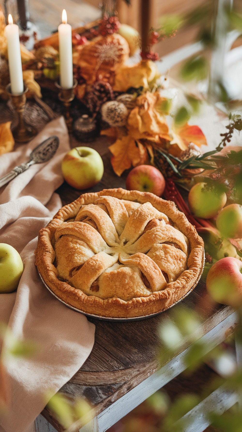 A beautifully baked apple pie with a flaky crust, surrounded by fresh apples and autumn decorations.