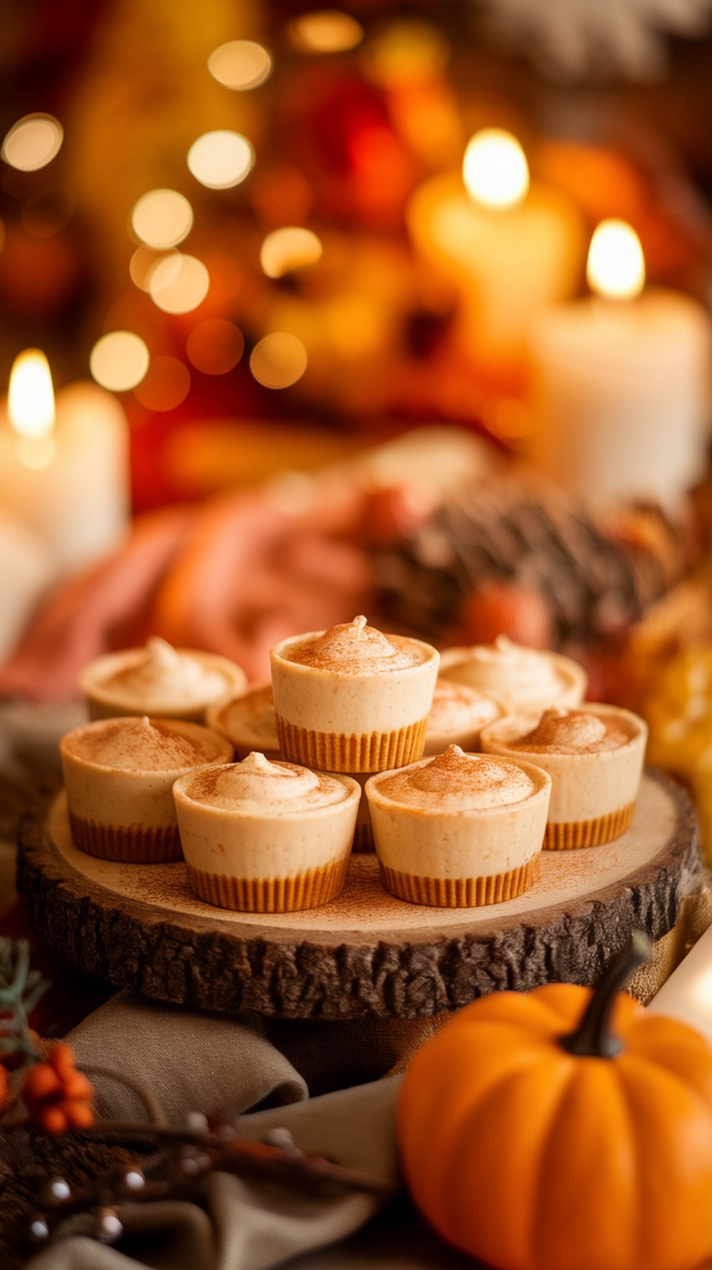 Delicious pumpkin spice cheesecake bites on a wooden platter, surrounded by autumn decorations