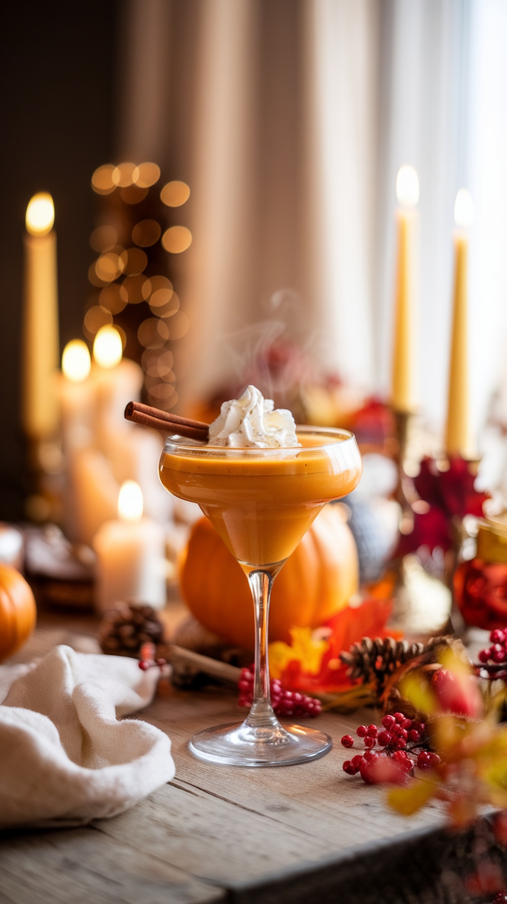 A spiced pumpkin pie martini garnished with whipped cream and a cinnamon stick, surrounded by autumn decorations.