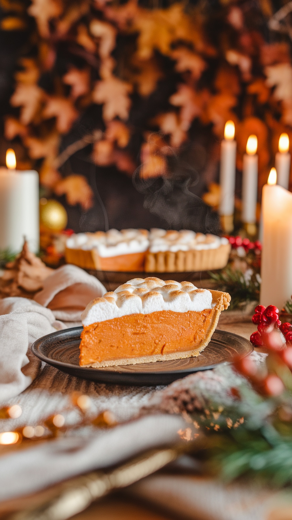 A slice of sweet potato pie with marshmallow topping on a plate, surrounded by autumn decorations.