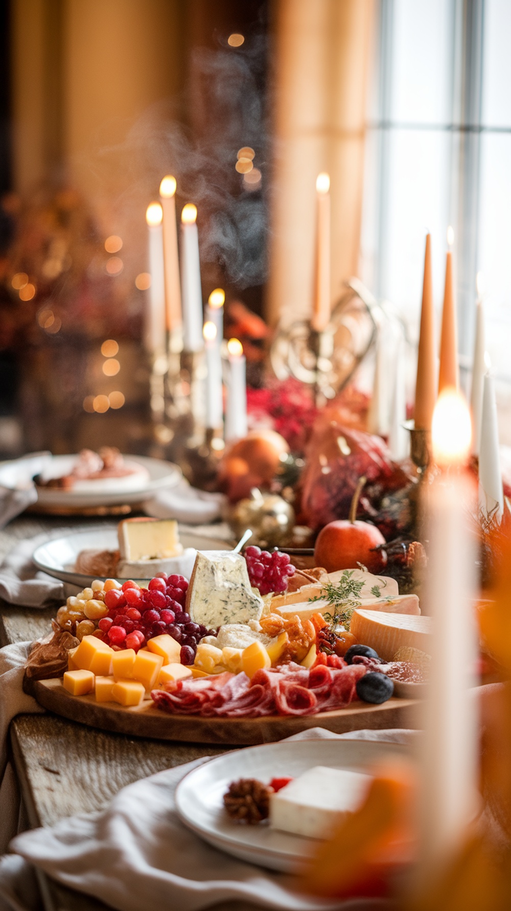 A beautifully arranged cheese and charcuterie board with various cheeses, meats, fruits, and nuts.