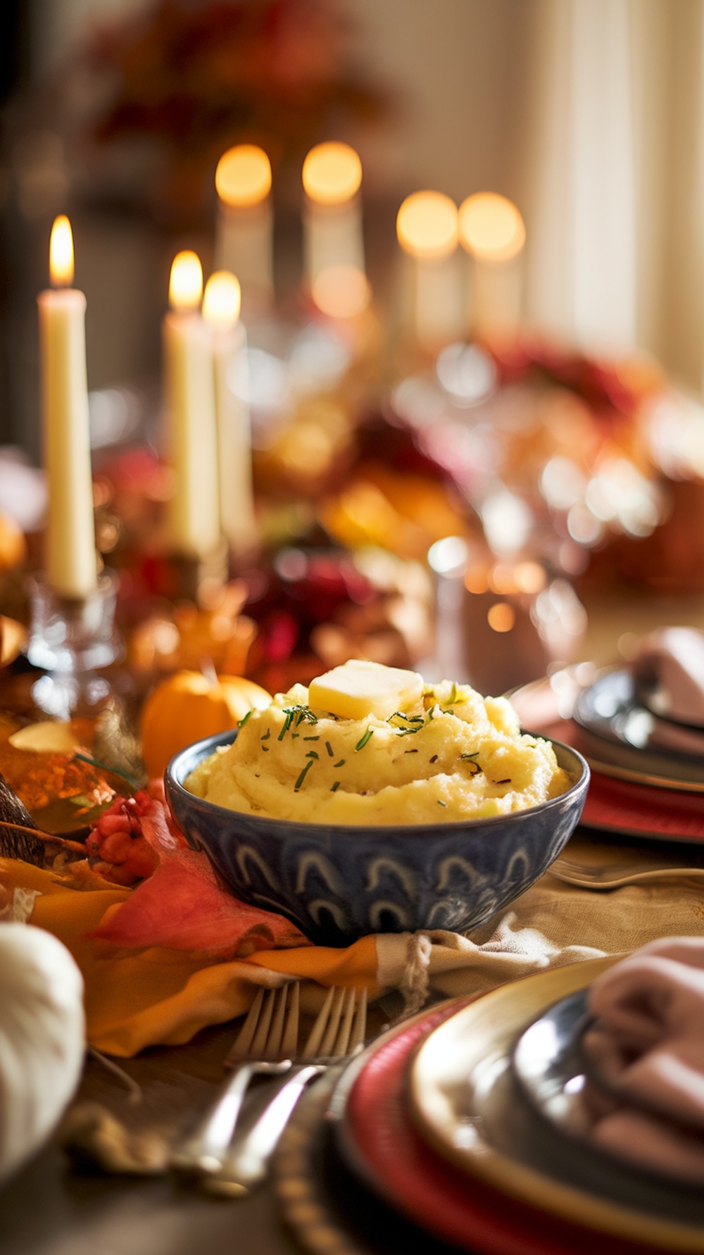 A bowl of creamy garlic mashed potatoes with butter on top, surrounded by a festive Thanksgiving table setting.