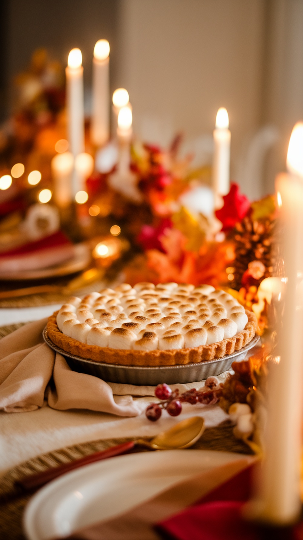 Sweet potato pie with marshmallow topping on a festive table