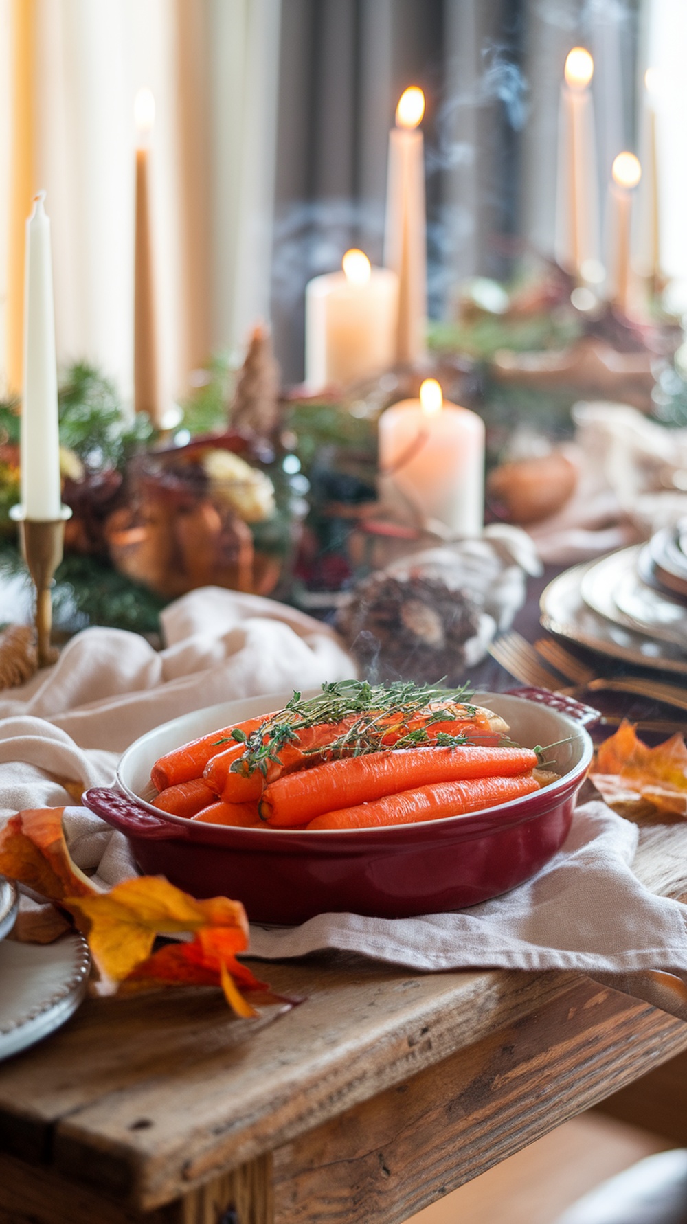 A dish of maple glazed carrots with thyme, set on a rustic table decorated for Thanksgiving.