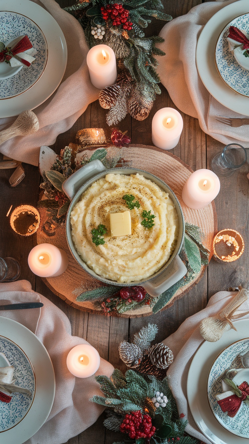 Creamy mashed potatoes with garlic in a serving dish, surrounded by festive decorations and candles.