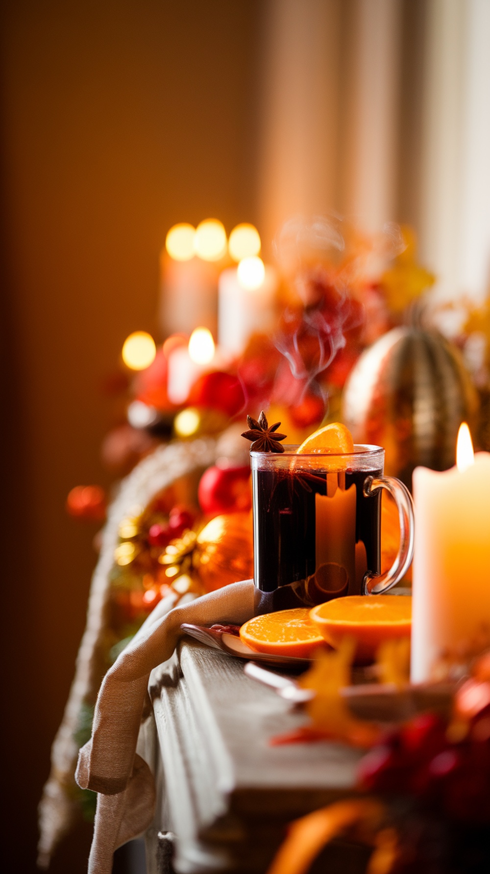 A cozy setting with a glass of mulled wine garnished with an orange slice and spices, surrounded by festive decorations.