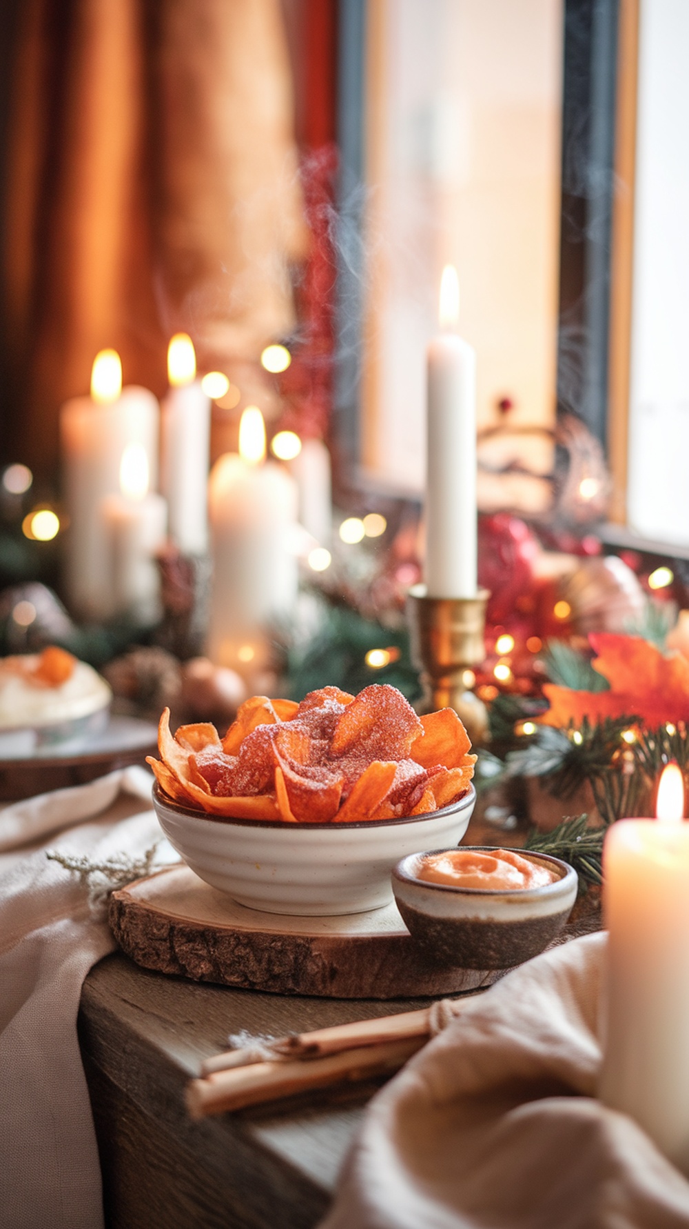 A bowl of sweet potato chips with cinnamon sugar, surrounded by candles and festive decorations.