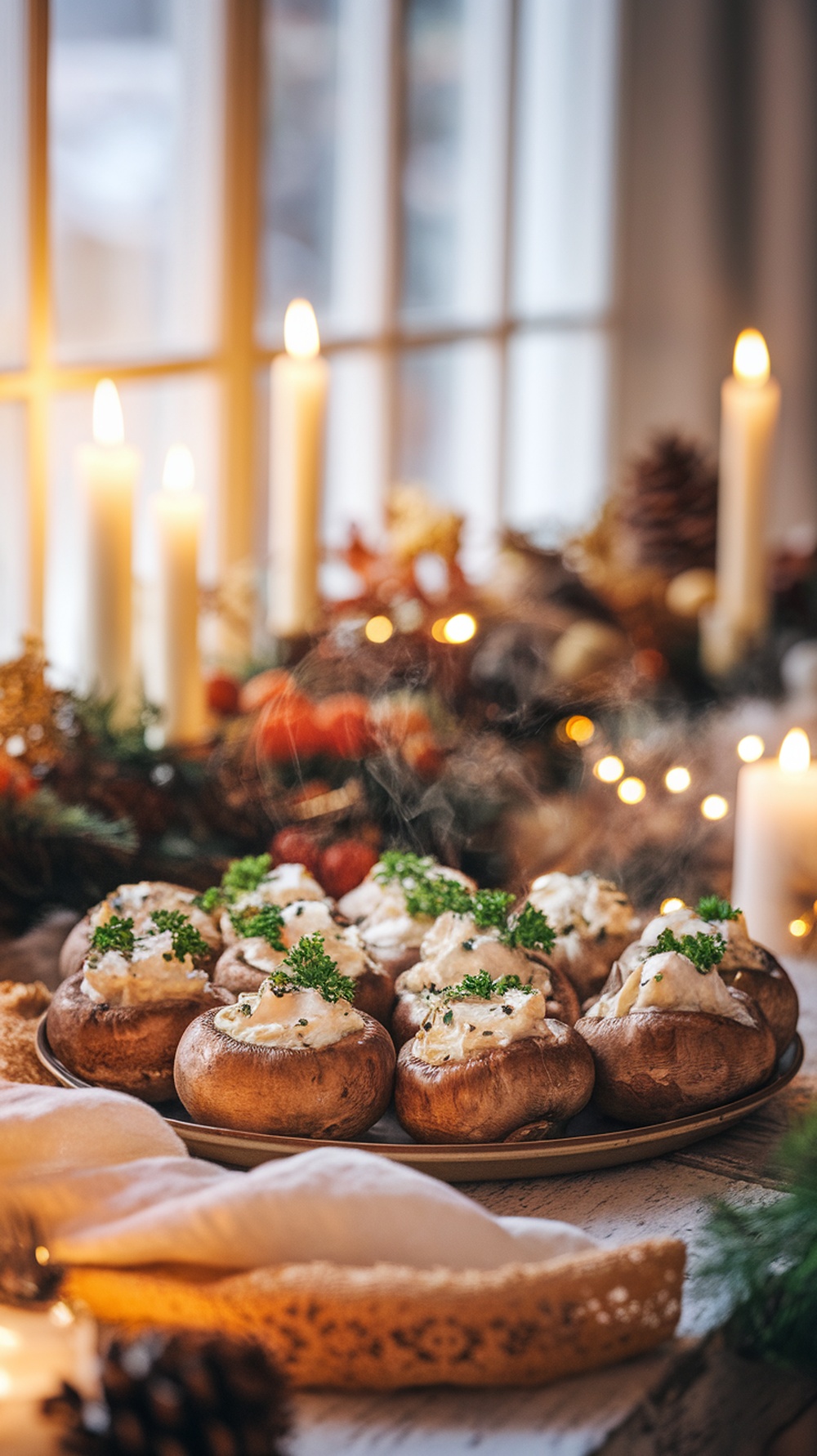 A platter of savory stuffed mushrooms topped with herbs, surrounded by candles and festive decorations.
