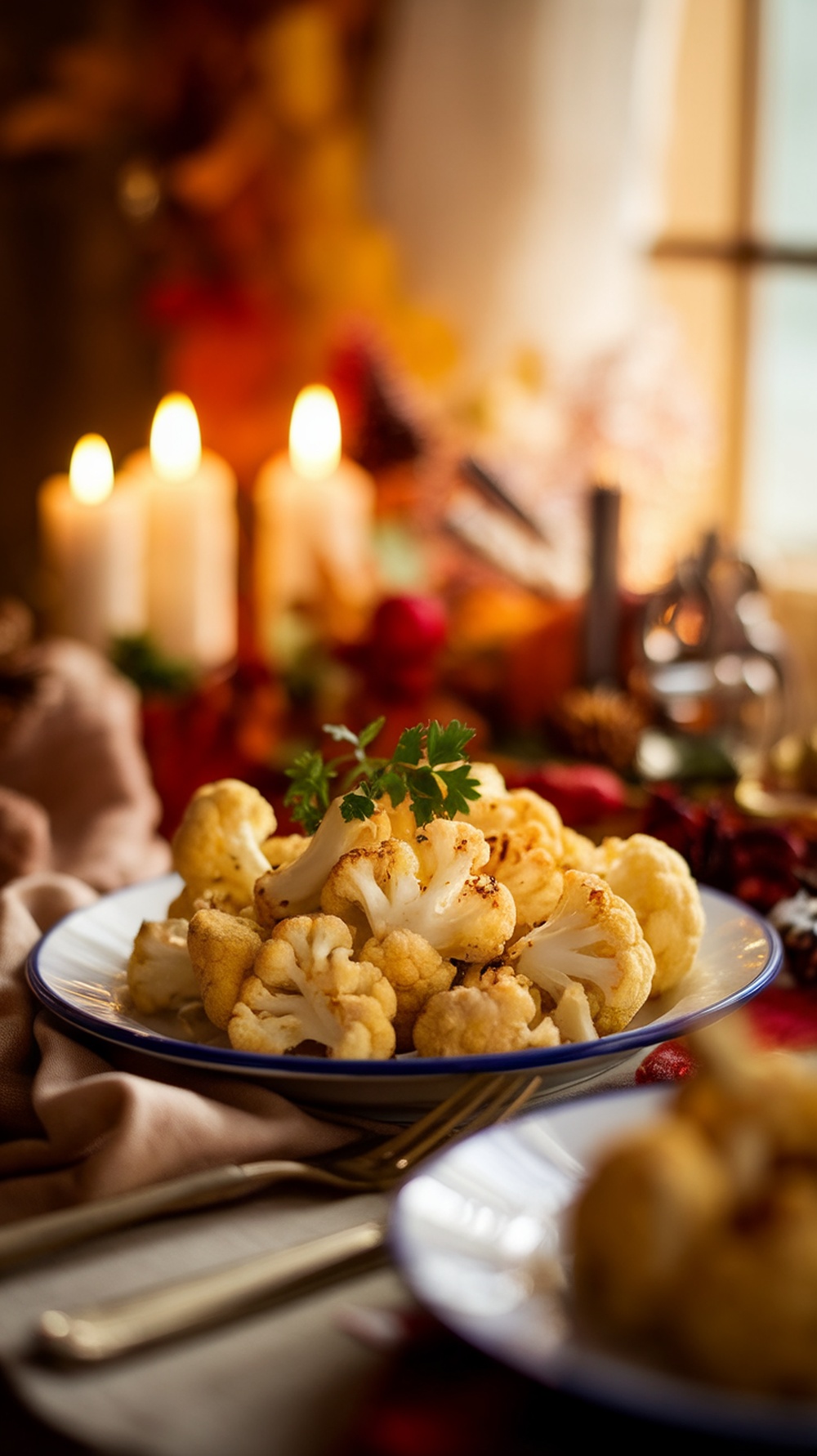 A plate of garlic parmesan roasted cauliflower, garnished with parsley, set against a warm, festive background.