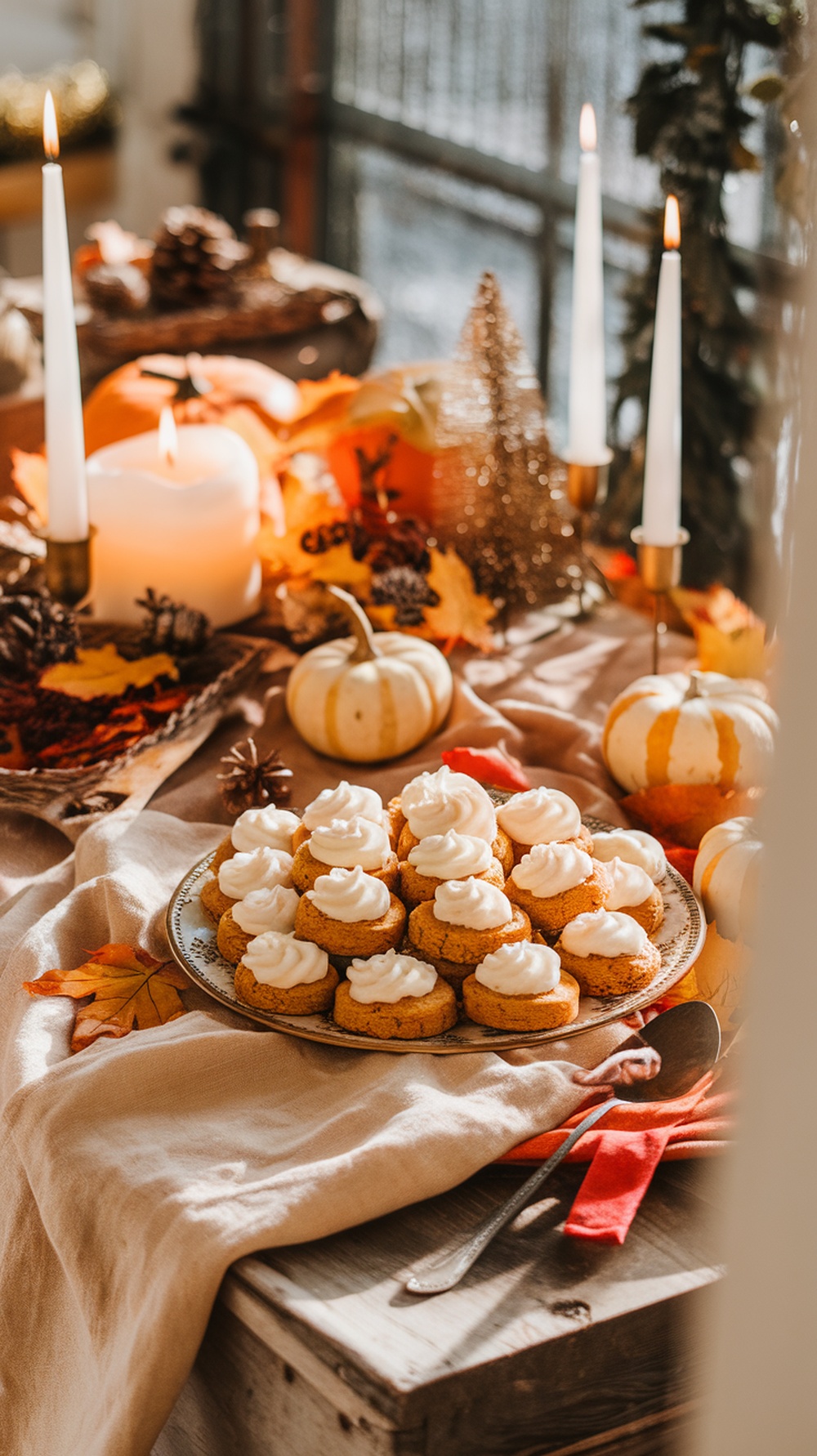 A plate of pumpkin spice cookies with cream cheese frosting, surrounded by autumn decorations.