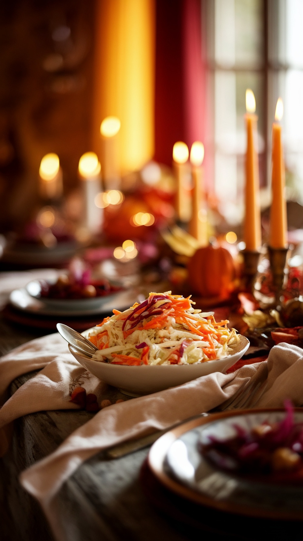 A bowl of classic coleslaw on a festive Thanksgiving table