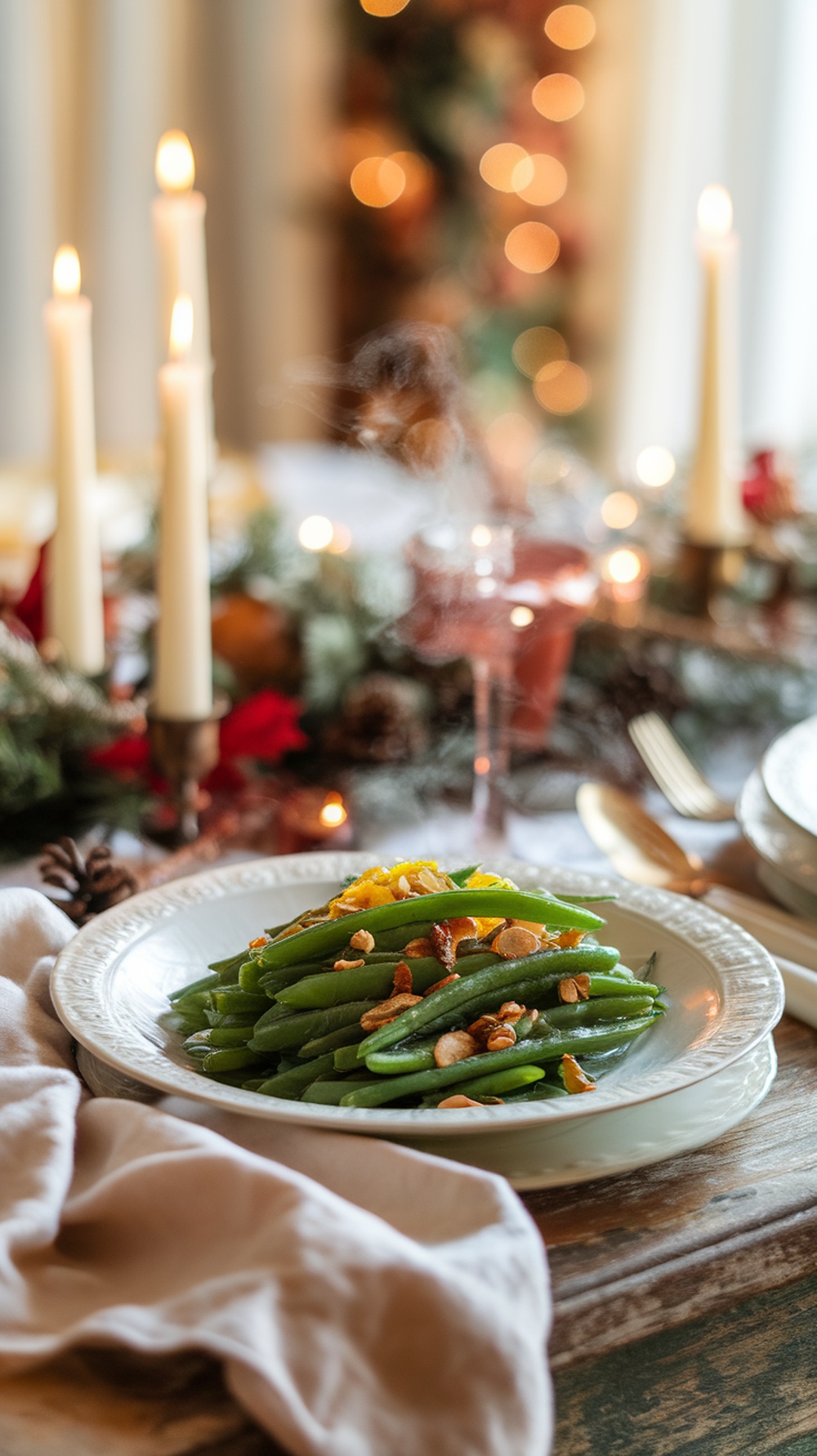 A plate of green bean almondine with toasted almonds and lemon zest, set on a festive table.