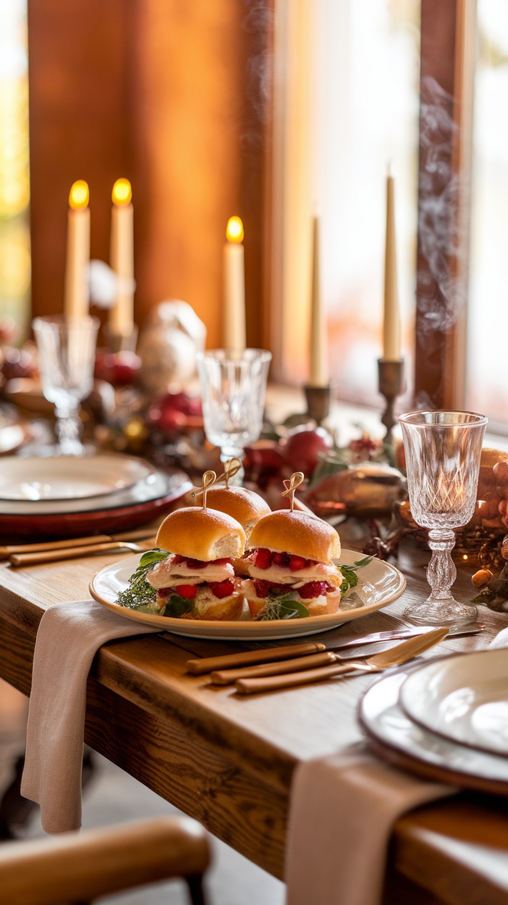 Mini turkey and cranberry sliders on a festive table setting