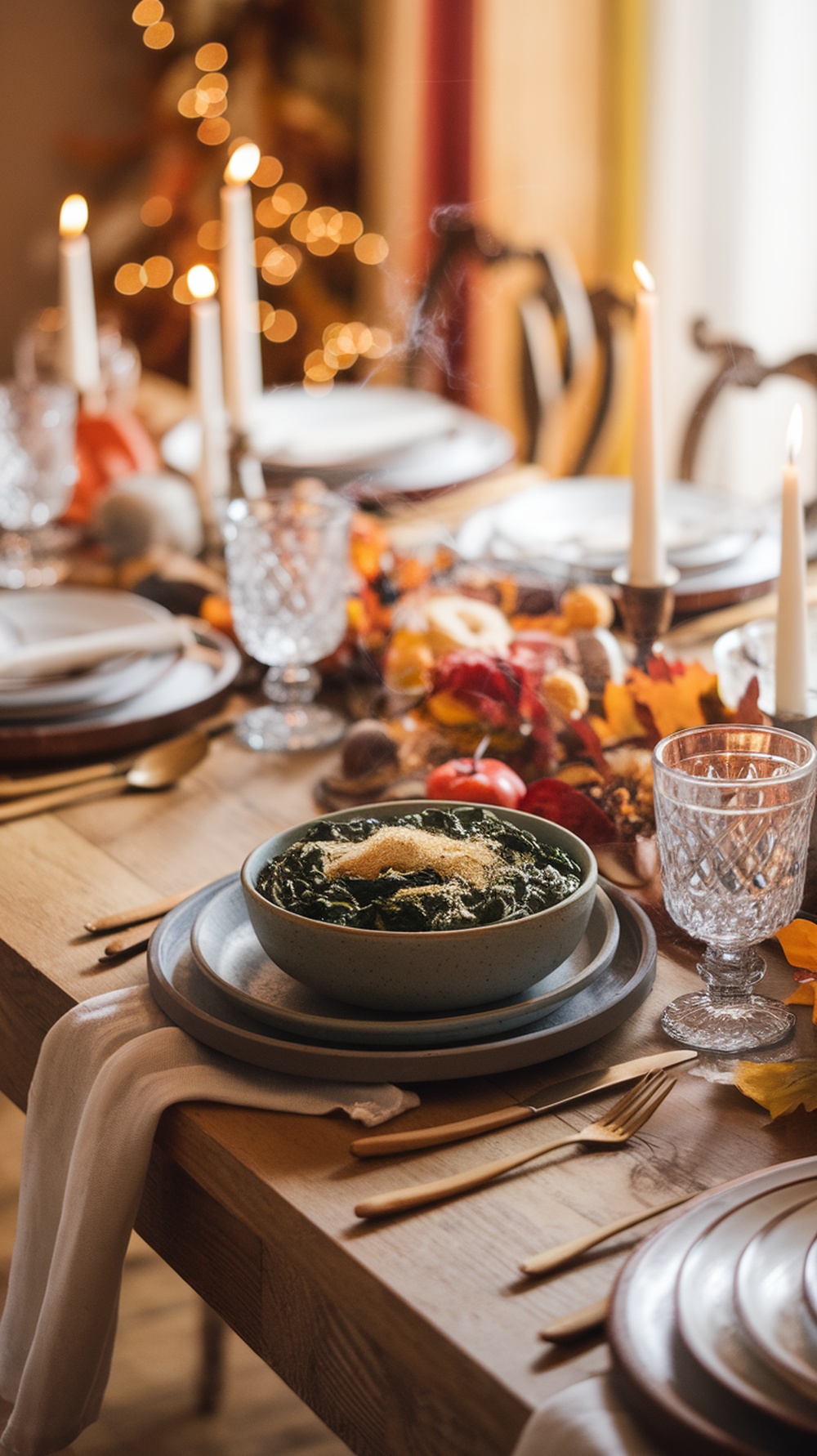 A beautifully set Thanksgiving table featuring creamed spinach with nutmeg in a bowl, surrounded by autumn decorations and candles.