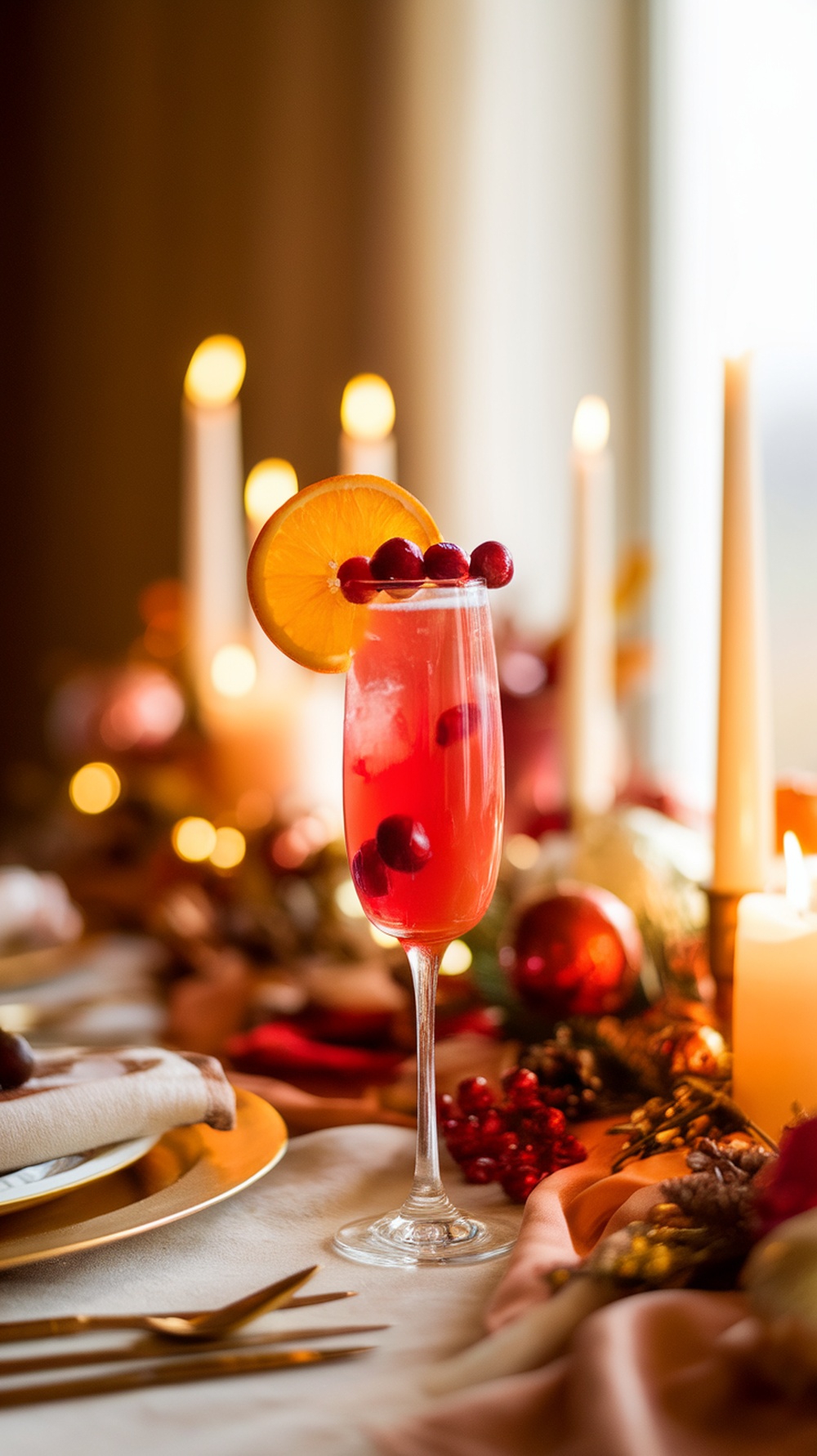 A festive Cranberry Orange Mimosa garnished with cranberries and an orange slice, set on a beautifully decorated table.