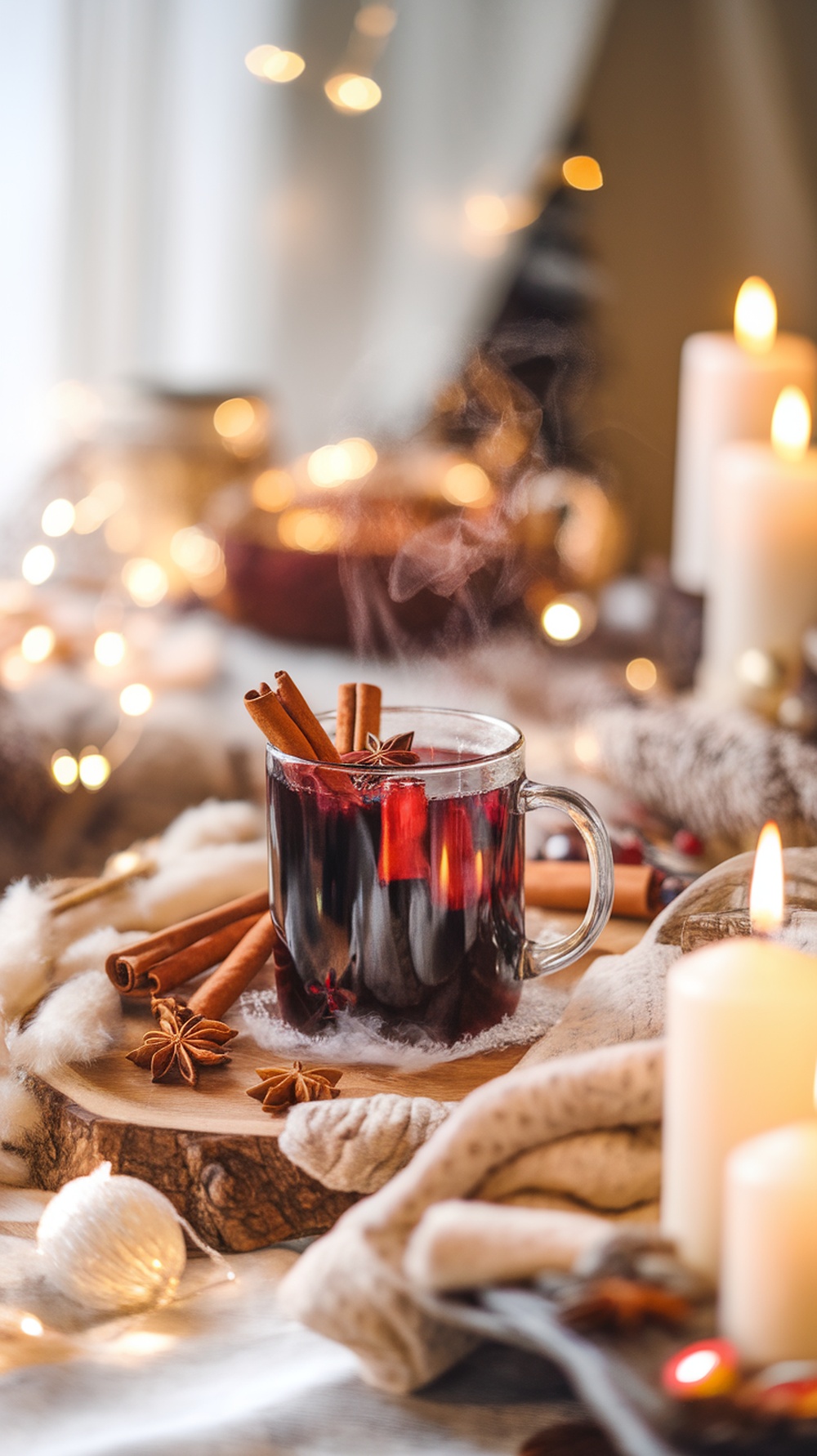 A steaming mug of mulled wine with cinnamon sticks and star anise, surrounded by cozy decorations.