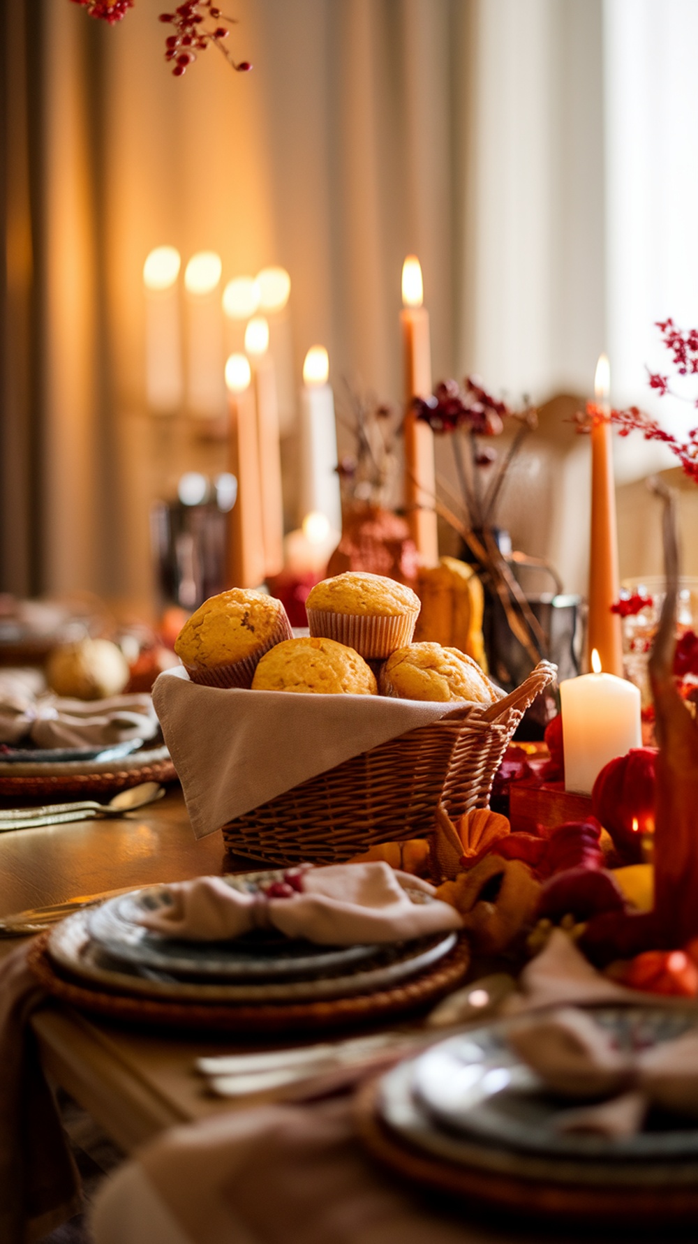 A basket of cornbread muffins on a beautifully set Thanksgiving table.