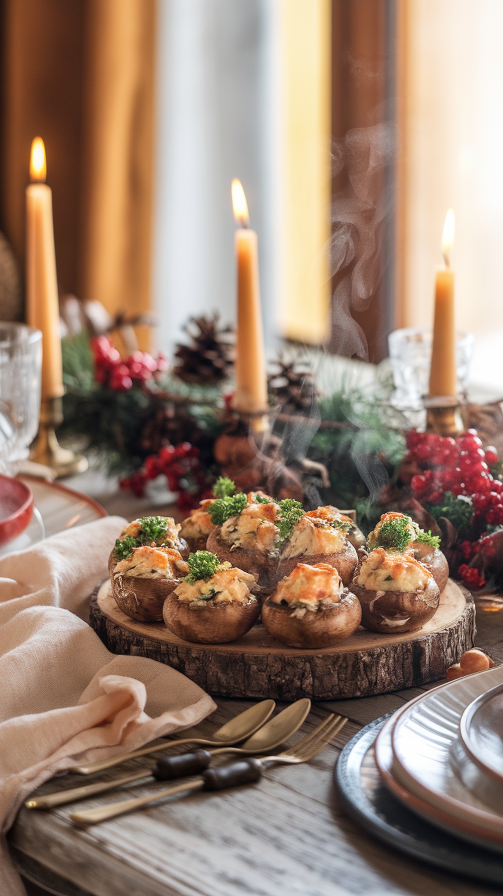 A platter of savory stuffed mushrooms garnished with parsley, surrounded by candles and festive decor.